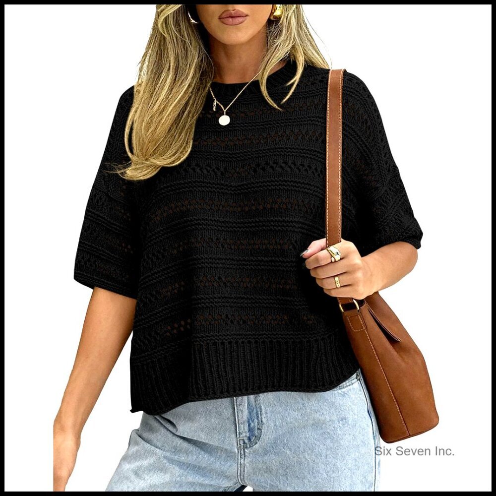 Oversized Crochet Short Sleeve Sweater Pullover Beach Cover Up